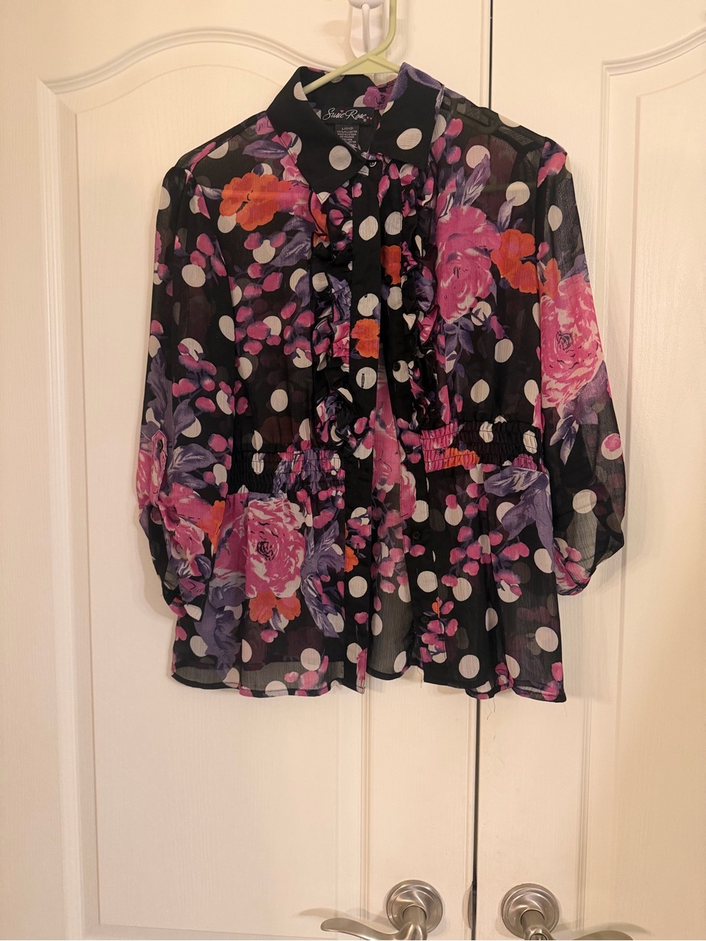 Susie Rose Black Floral Polka Dot Ruffle Blouse